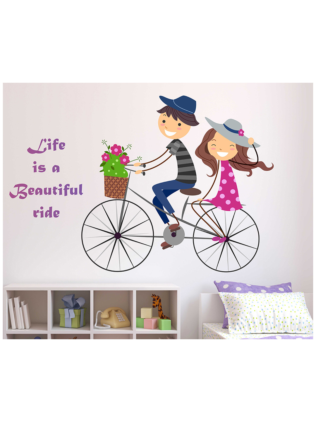 LANSTICK Black & Pink Couple With Cycle Printed Self-Adhesive WallStickers