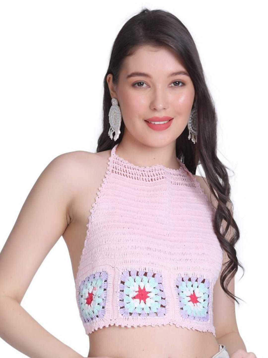 NYCRA Pink Crochet Halter Neck Crop Top