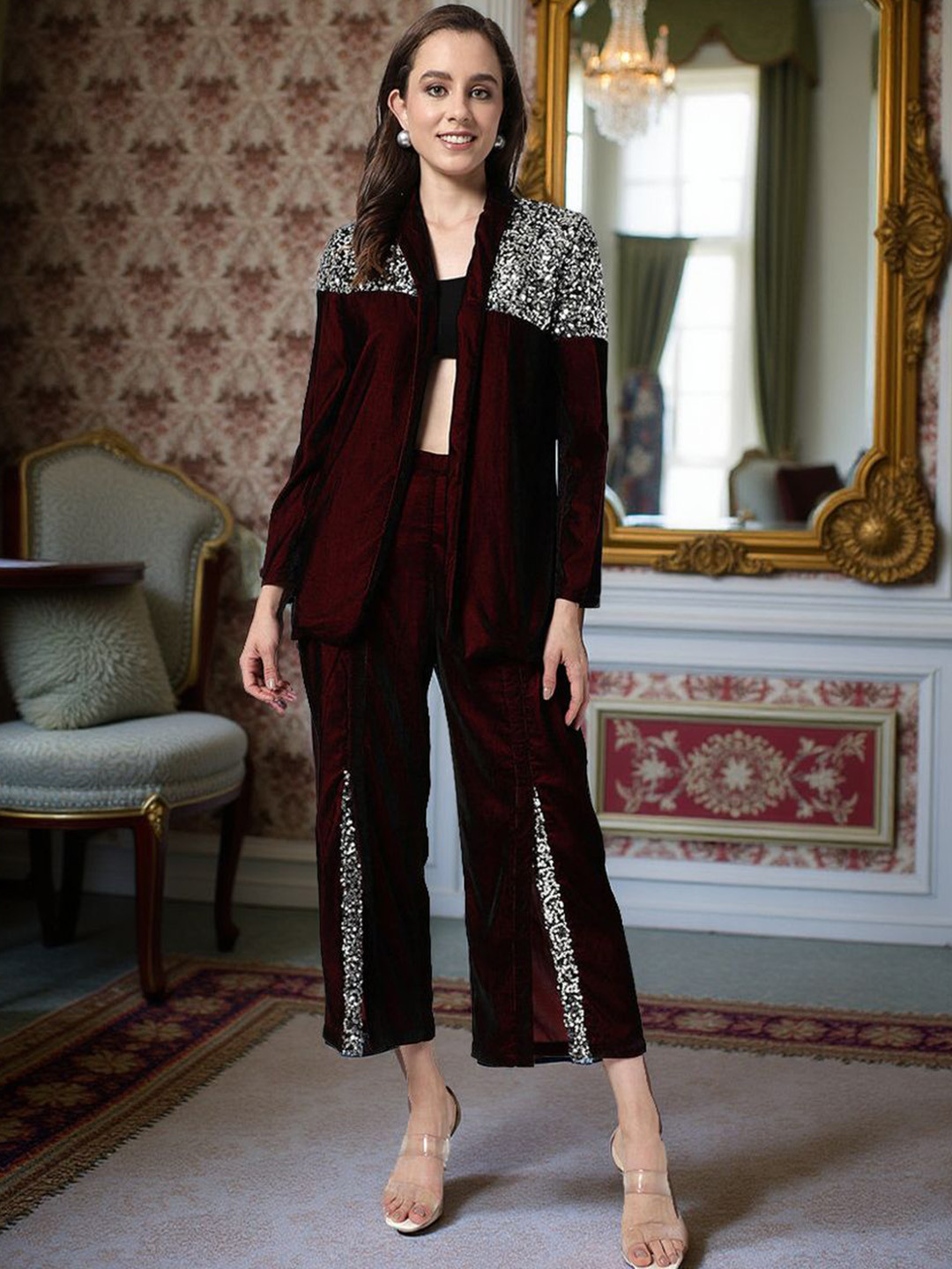Zima Leto Embellished Blazer With Sequin With Trousers Co-Ords