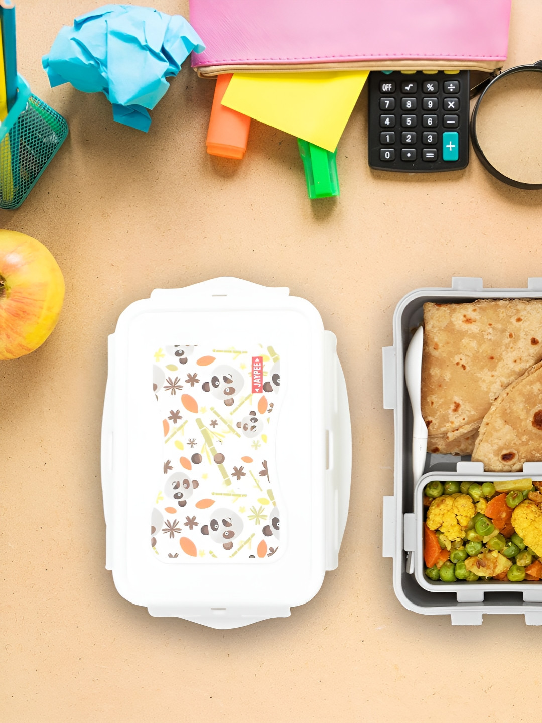 JAYPEE NUTTER BUTTER SR. Panda Plastic Easy to Clean 3PCs Lunch Box With Spoon and Fork