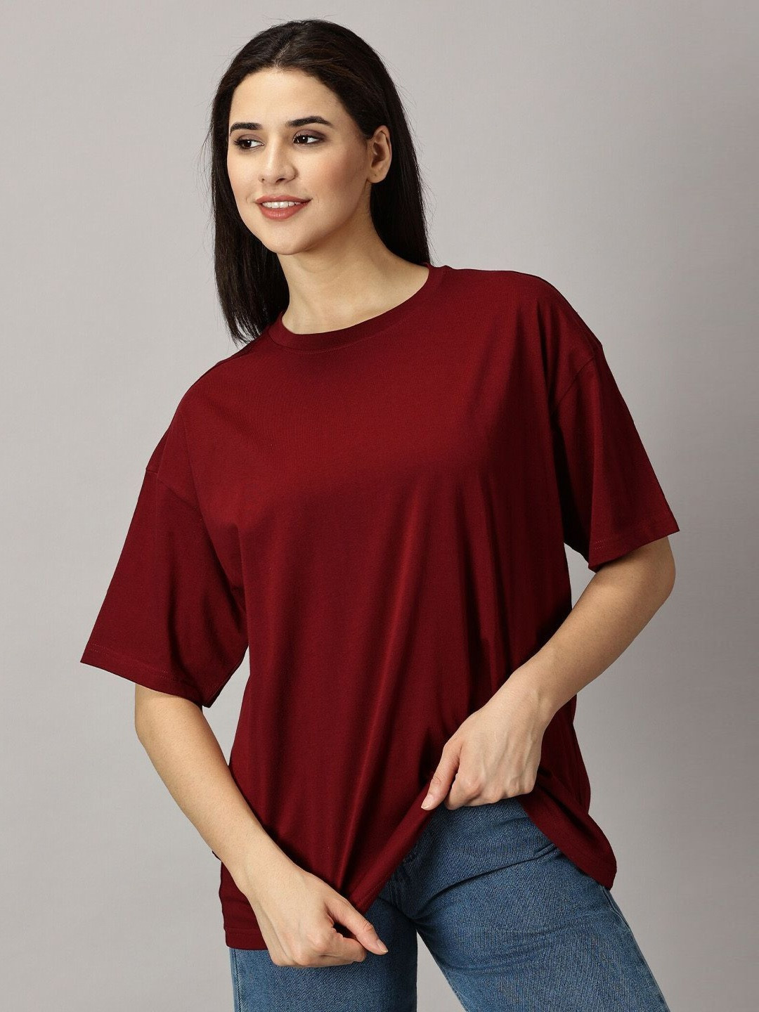 URBANICE Round Neck Drop Shoulder Sleeves Cotton Oversized Casual T-shirt