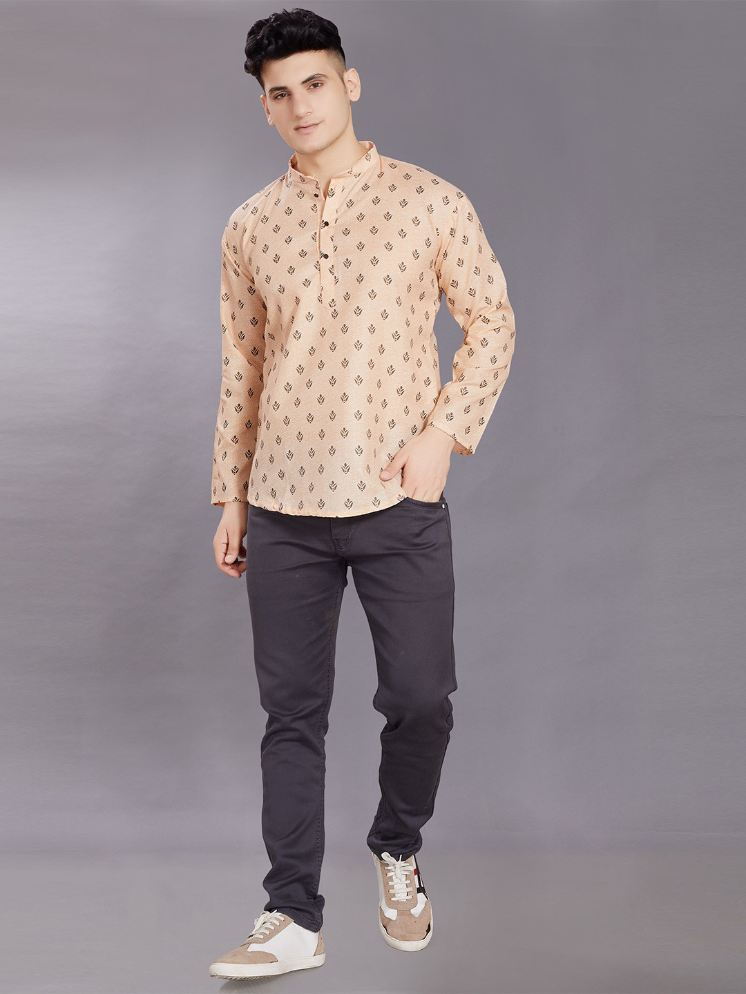 PulseIQ Ethnic Motifs Printed Mandarin Collar Pure Cotton Straight Kurta
