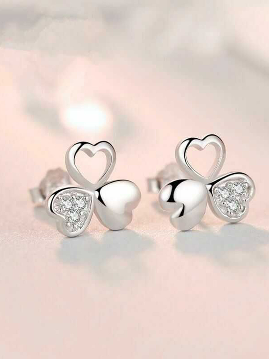 Bling Queen Silver-Plated Crystal-Studded Three Leaf Clover Stud Earrings