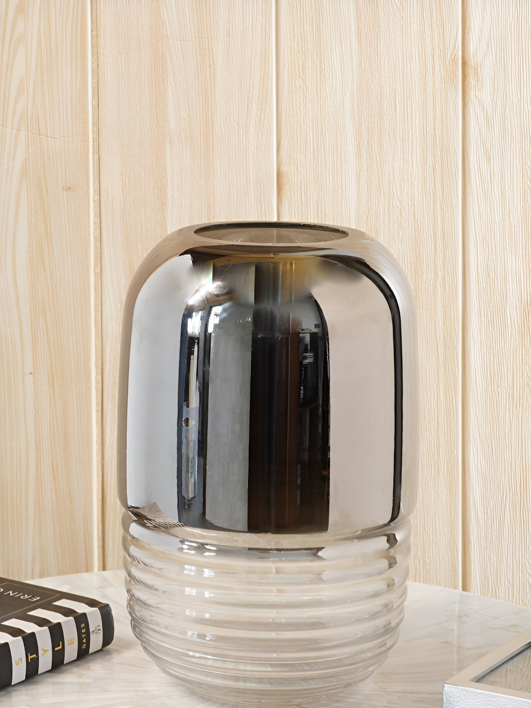 RCASA Grey & Transparent Gradient Fluted Glass Small Flower Vase