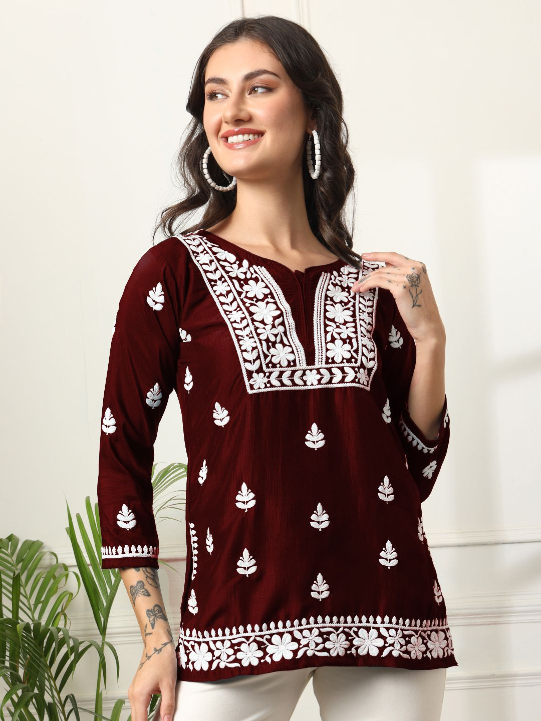 Rensa Women Self Design Embroidered  V-Neck  Top