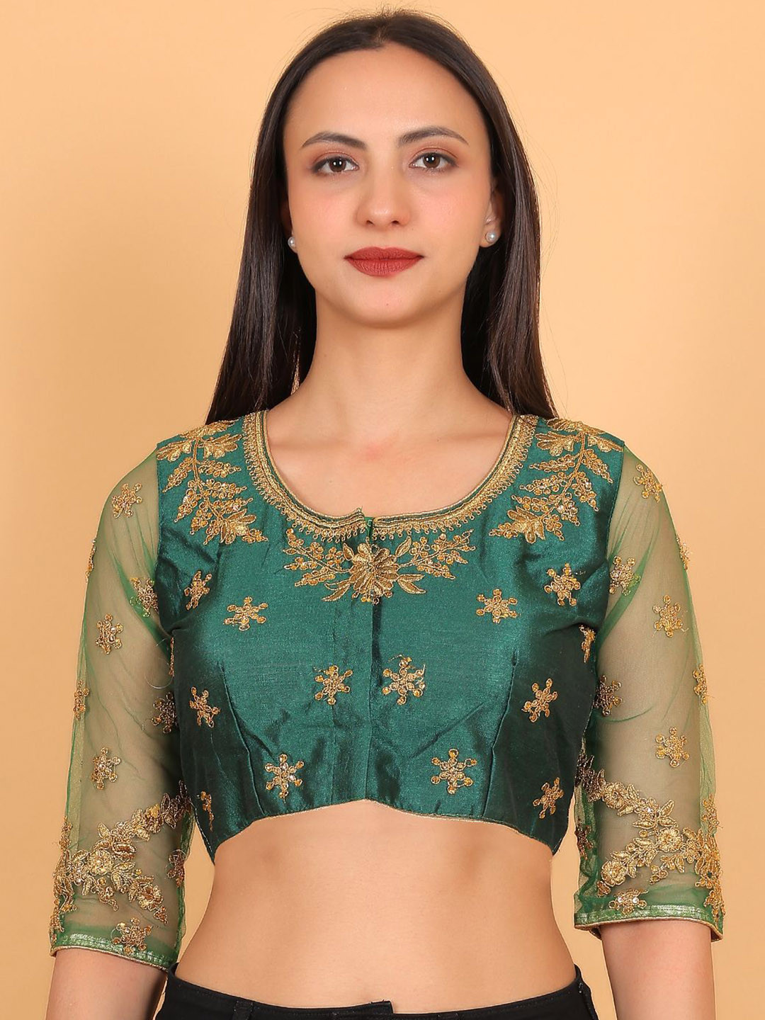 Trendzmy Embroidered Semi-Sheer Sleeves Saree Blouse