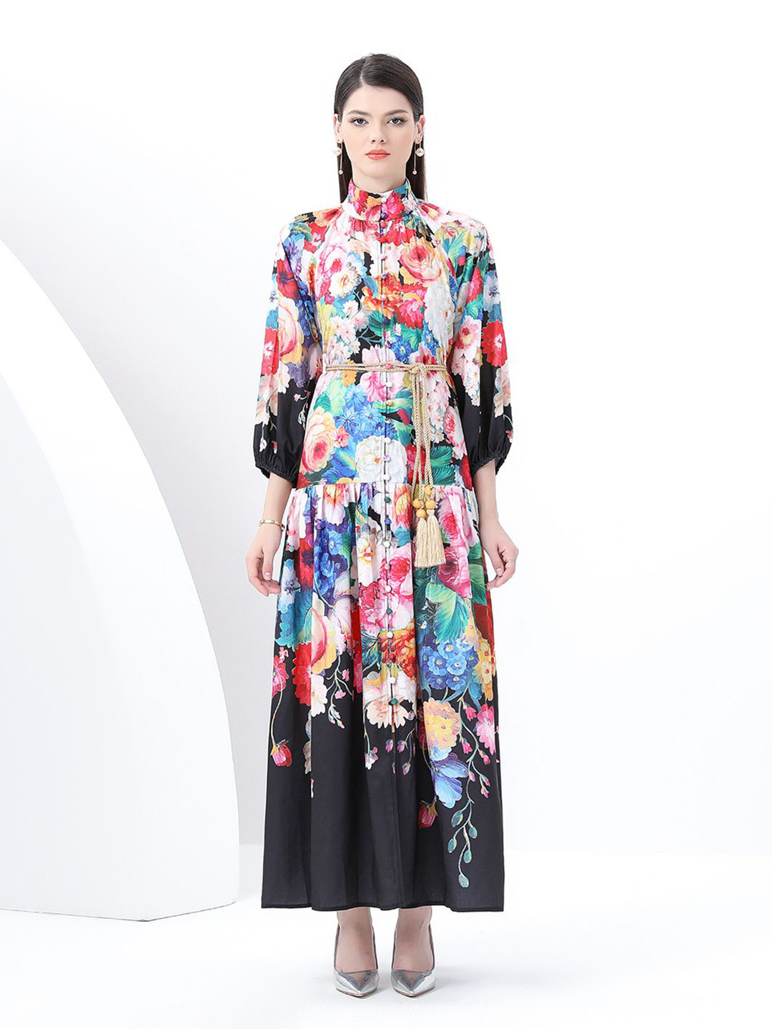 JC Collection Women Floral Printed Mandarien Collar Maxi Dress