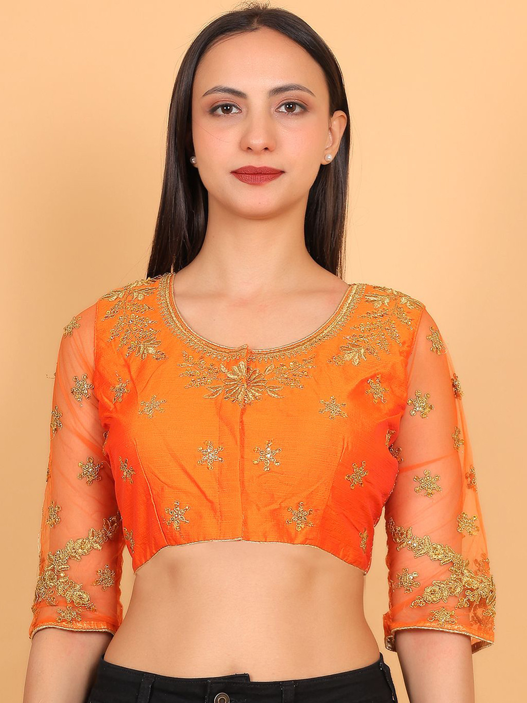 Trendzmy Embroidered Semi-Sheer Sleeves Saree Blouse