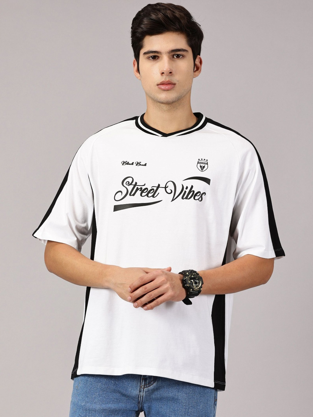 BLACK BUCK Typography Printed Monochrome Football Jersey Oversized T-shirt
