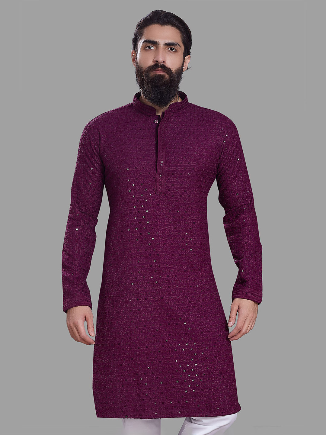 PulseIQ Men Mandairan Coller Embellished Chikankari Kurta