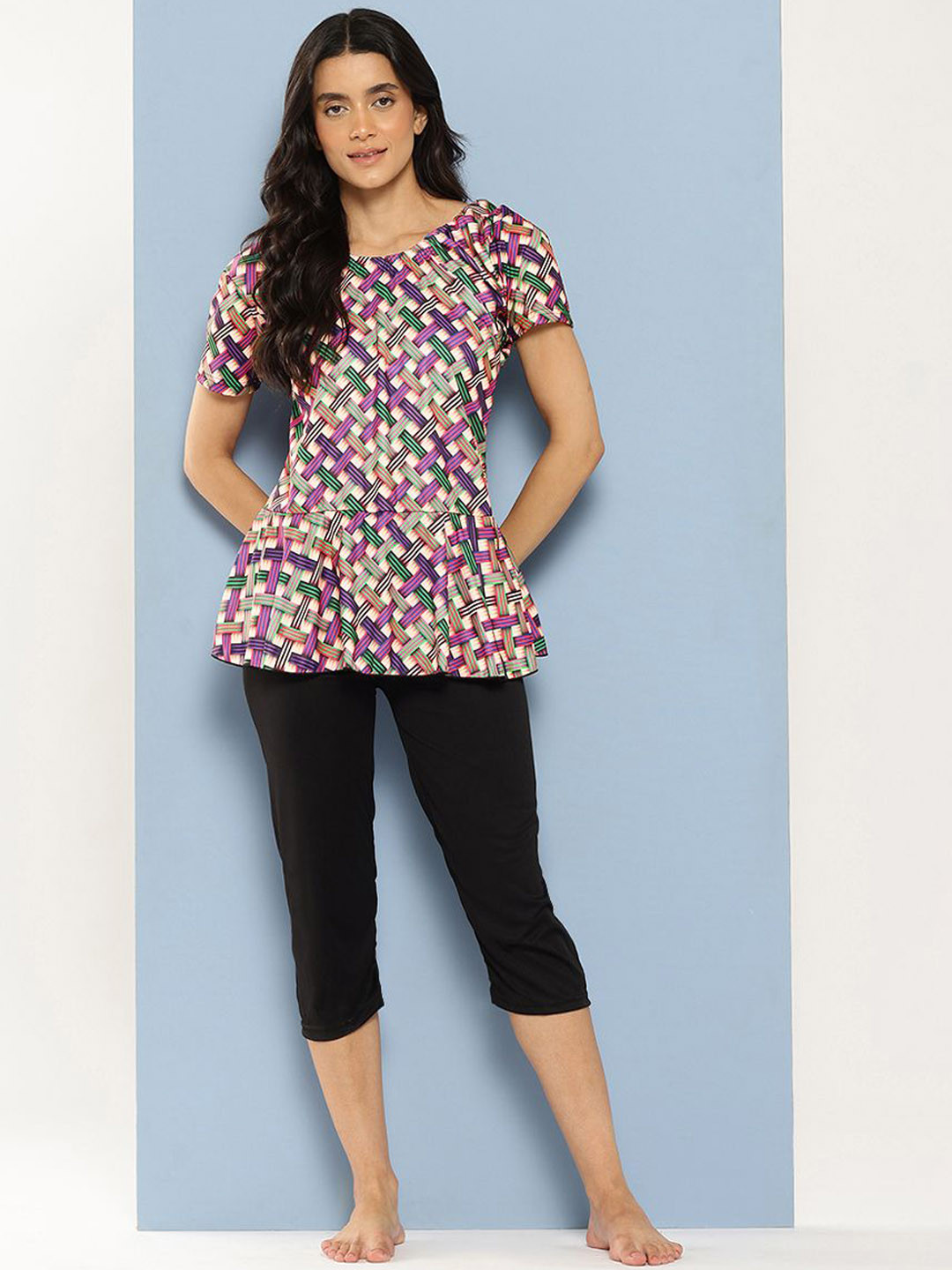 Aarika Checked Round Neck Swim Suit With Goggle