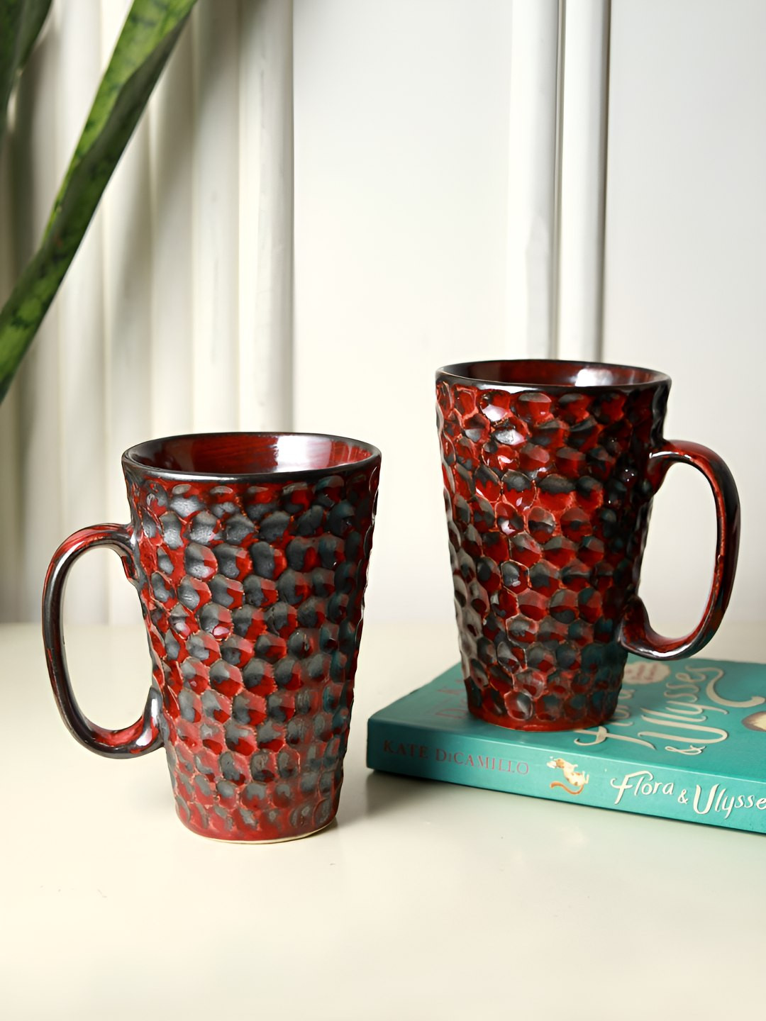 Unravel India Im Cultured Red Textured Ceramic Handmade 2 Piece Mugs-450ml