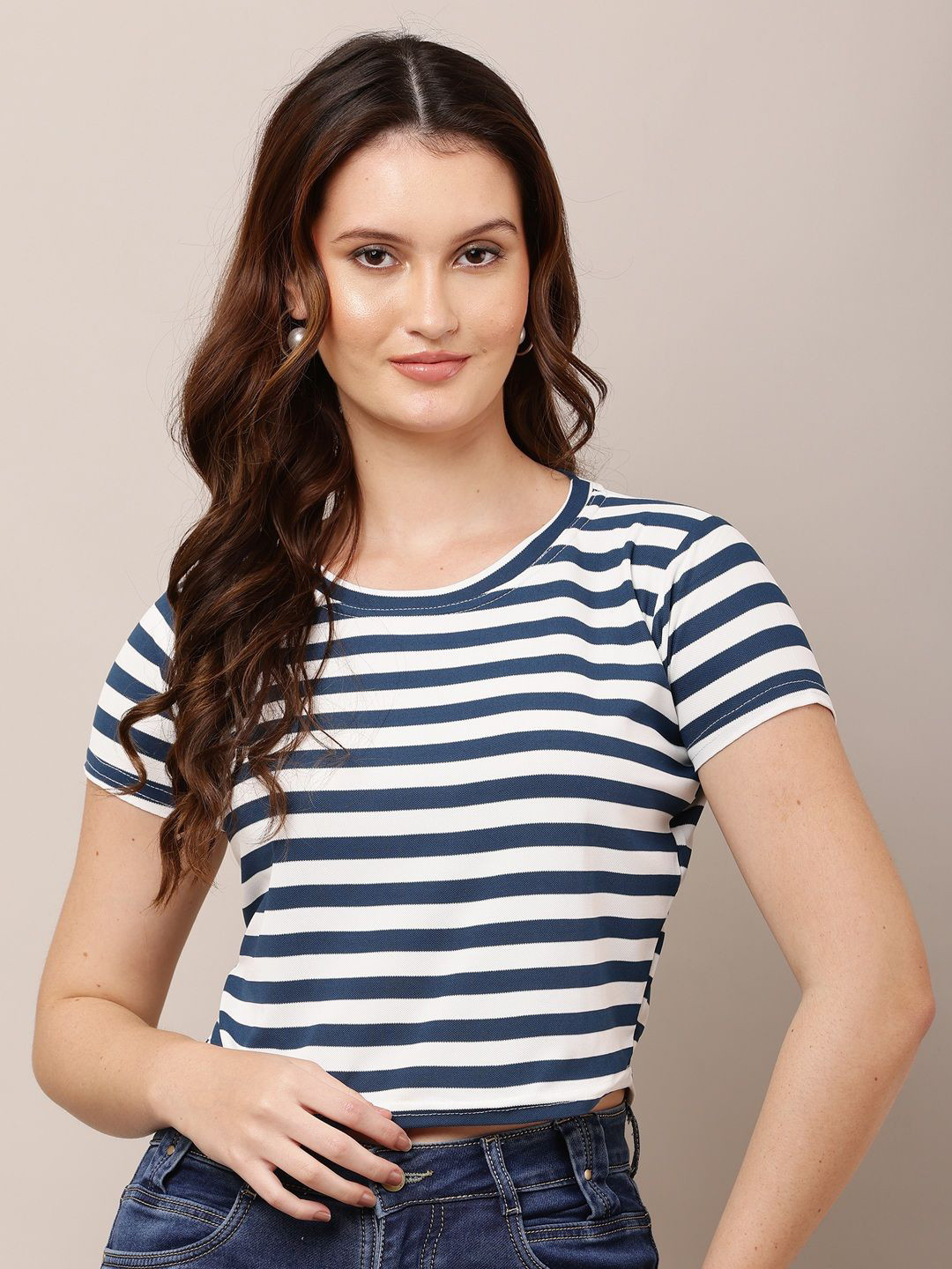 Mast & Harbour Striped Cropped Slim Fit T-shirt