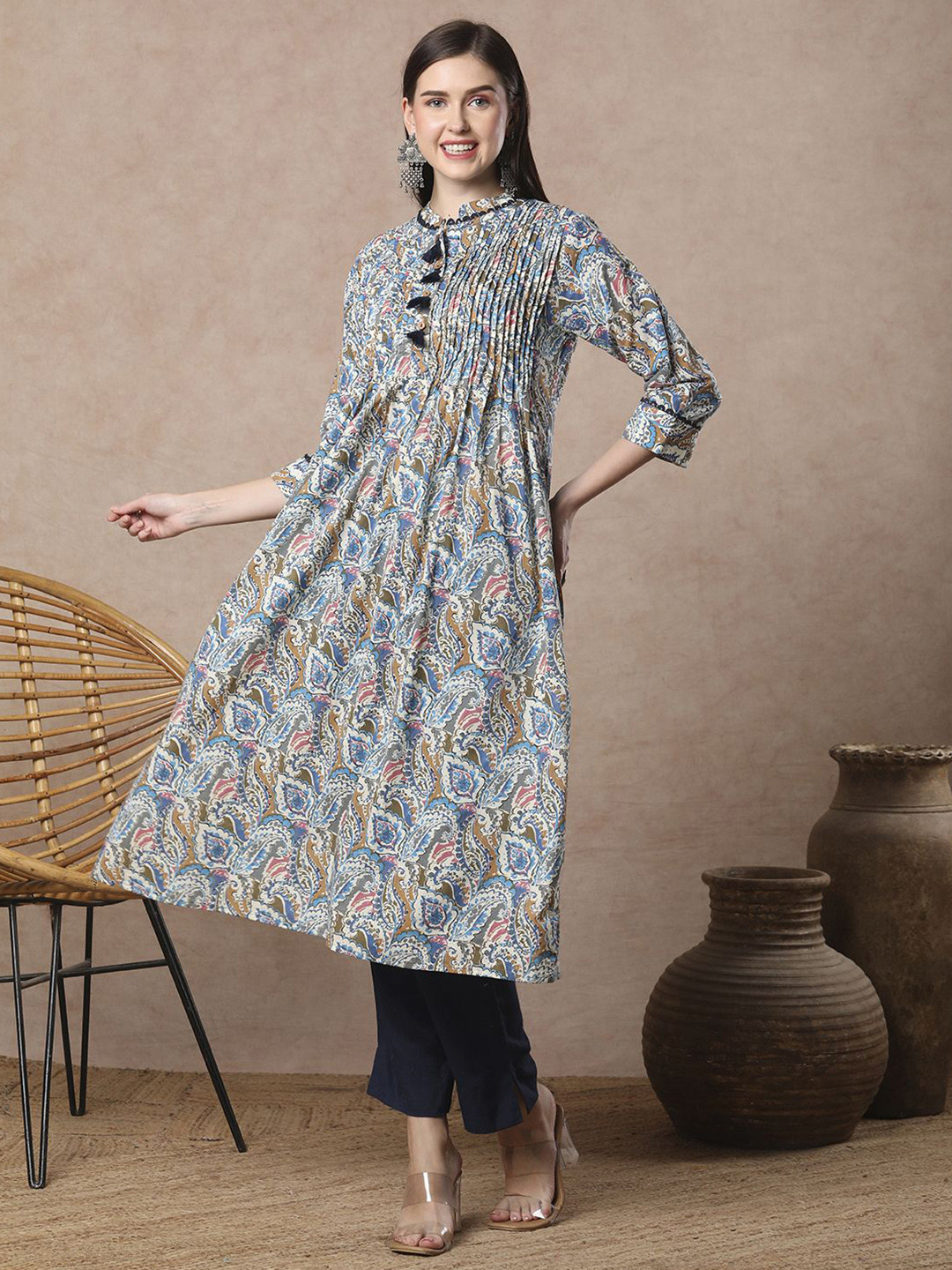 FASHOR Paisley Printed & Pin Tucked Mandarin Collar A-Line Cotton Kurta
