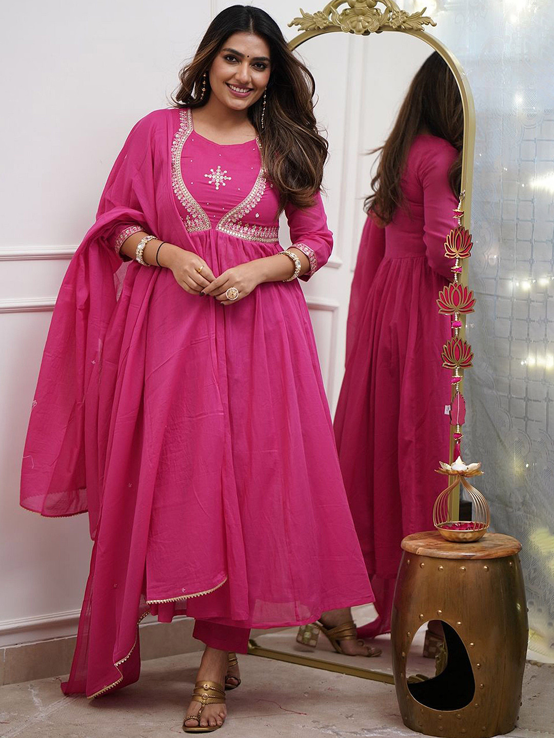 Divyadham Textiles Yoke Design Empire Chanderi Silk A-Line Kurta With Trousers & Dupatta