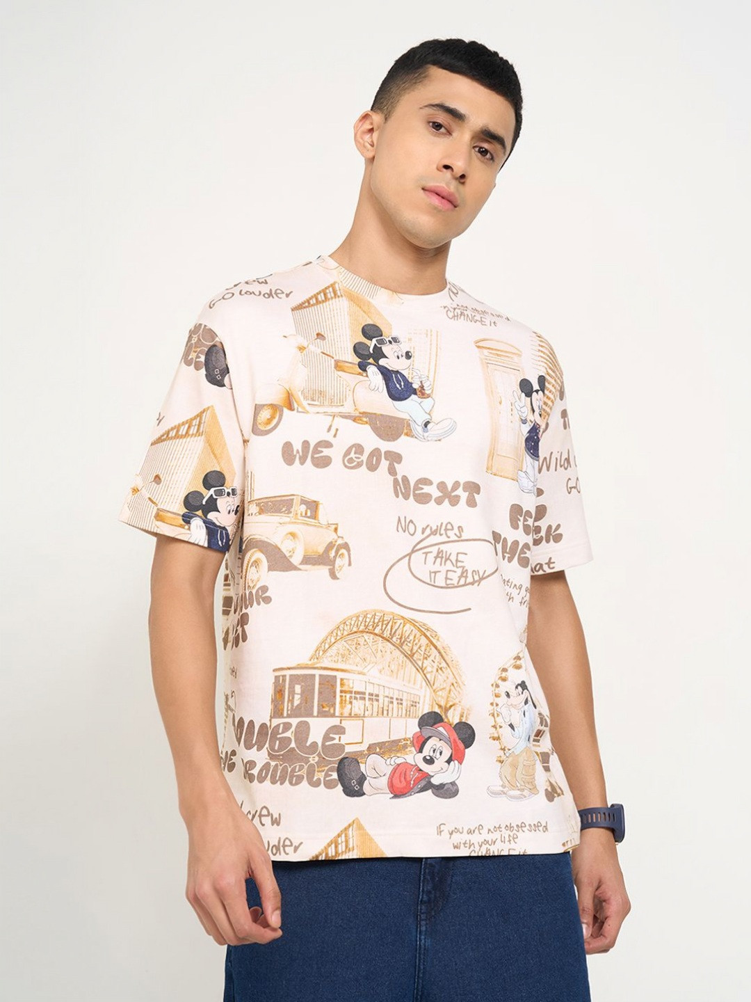 People Cotton Mickey & Friends Printed Short Sleeves Round Neck Boxy Fit T-Shirt