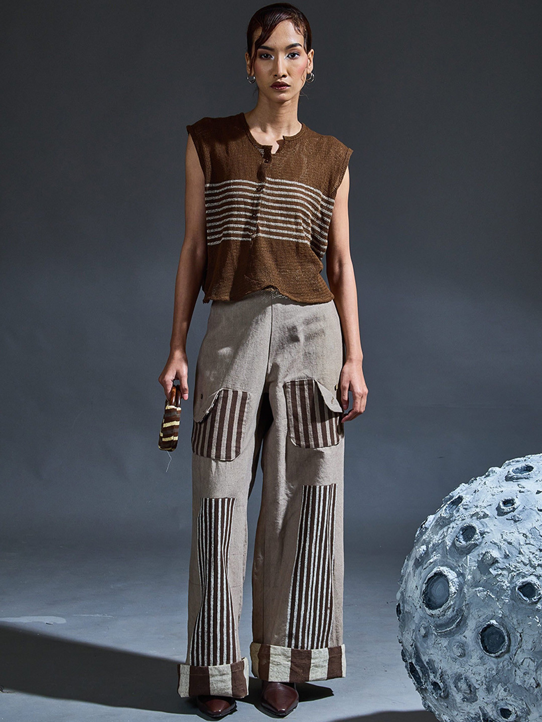 Banana Labs Striped Round Neck Mesh Top & Pant With Overcoat Co-Ords