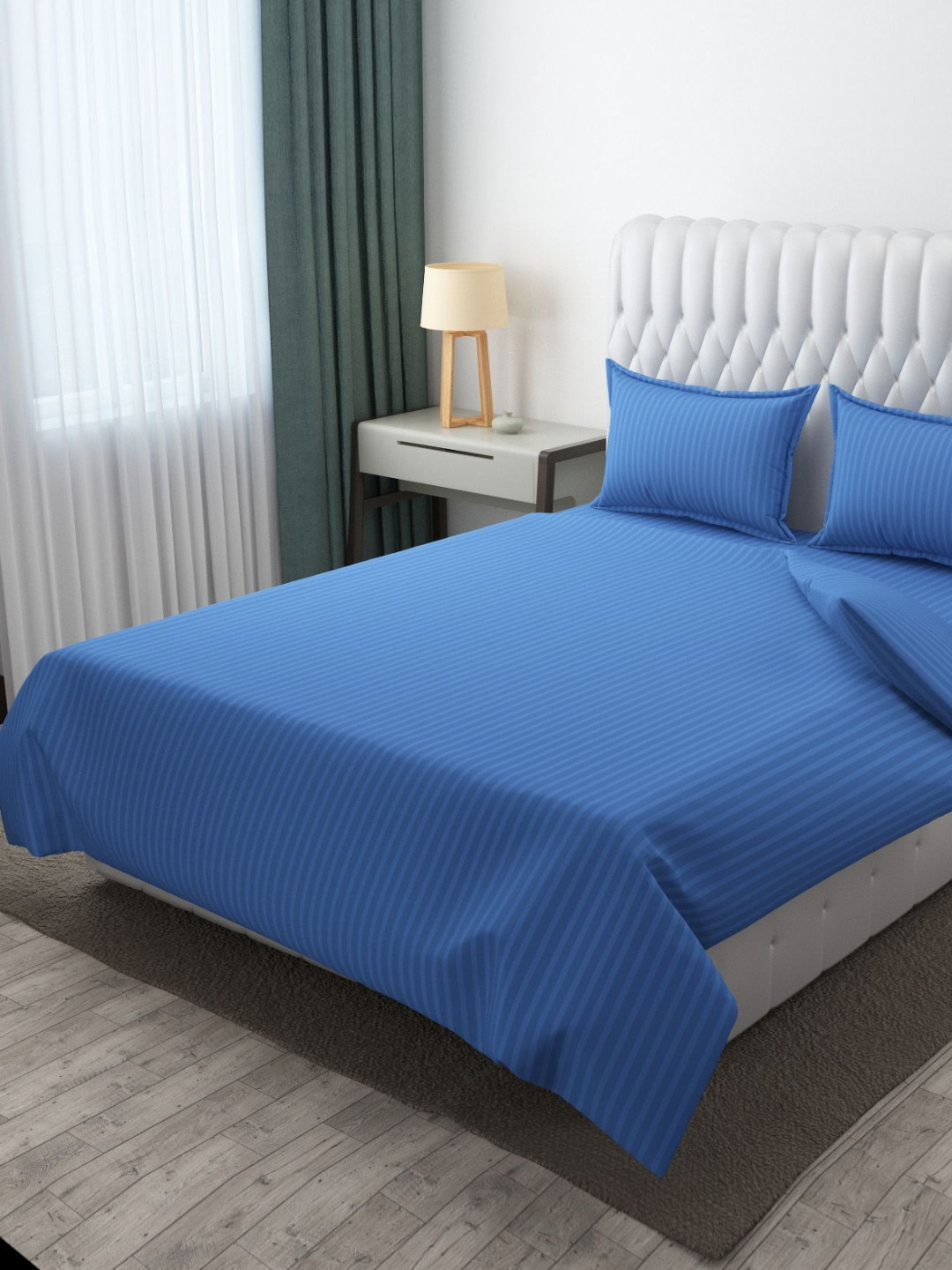 MOGNE FAB Navy Blue Striped Poly Satin 210 TC King Fine Bedsheet with 2 Pillow Covers-90 x 100 inches