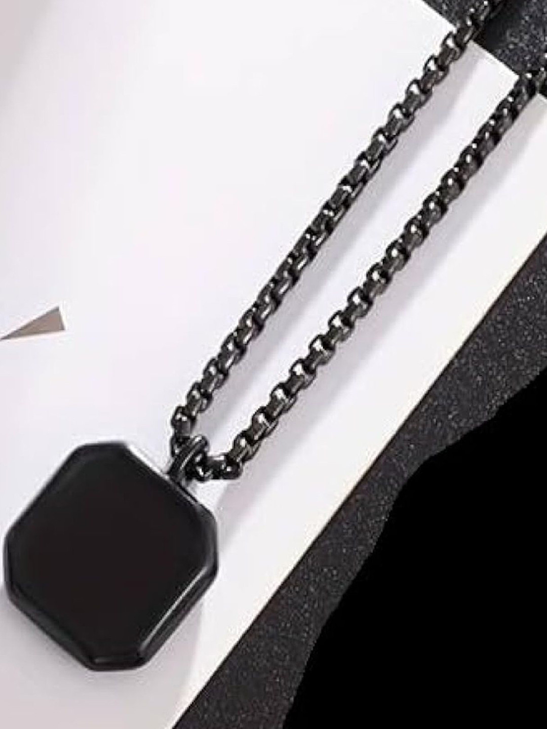Crazy Fashion Stainless Steel Rhodium-Plated Onyx Stuuded Pentagon Pendant With Chain