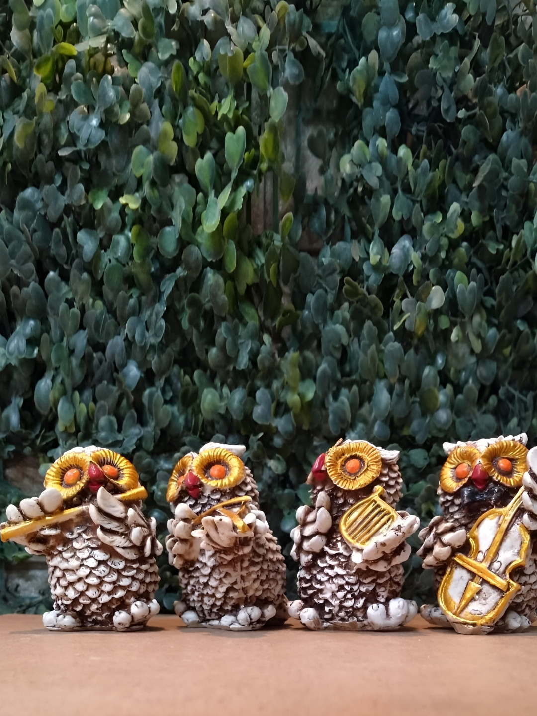 GLOBAL AROMA Musical Owl Gold Polyresin Glossy Living Room Music Set of 4 Tiny Showpieces - 3.1 Inches