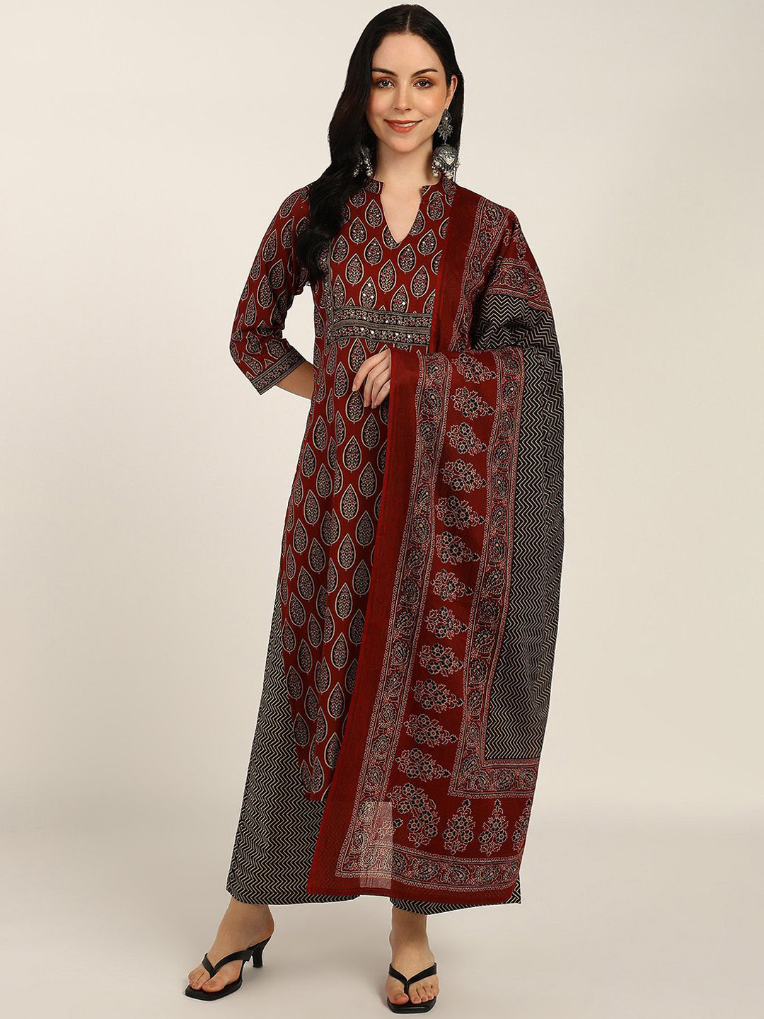 BLOCKS OF INDIA Women Paisley Printed Mirror Work  Kurta with Trousers & Dupatta