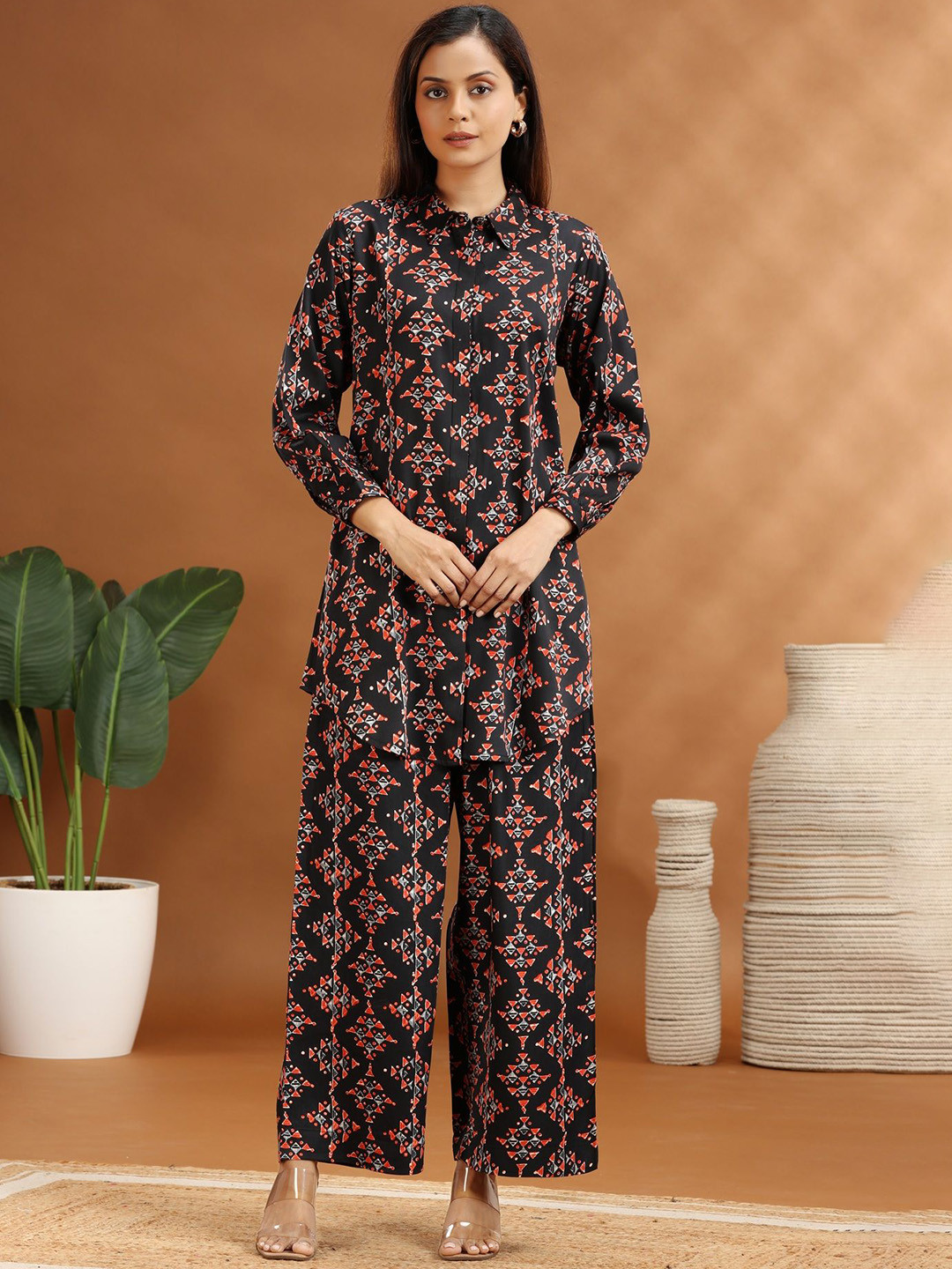 COTTON CULTURE Women Black Rayon Straight Printed Kurta and Pant Set