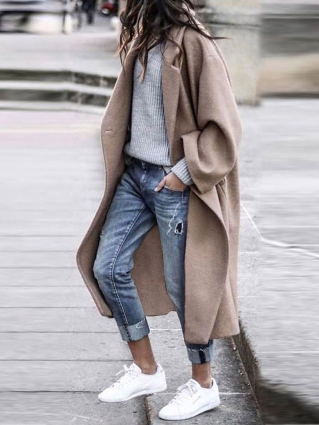 all about you Lapel Collar Long Sleeves Longline Open Front Coat