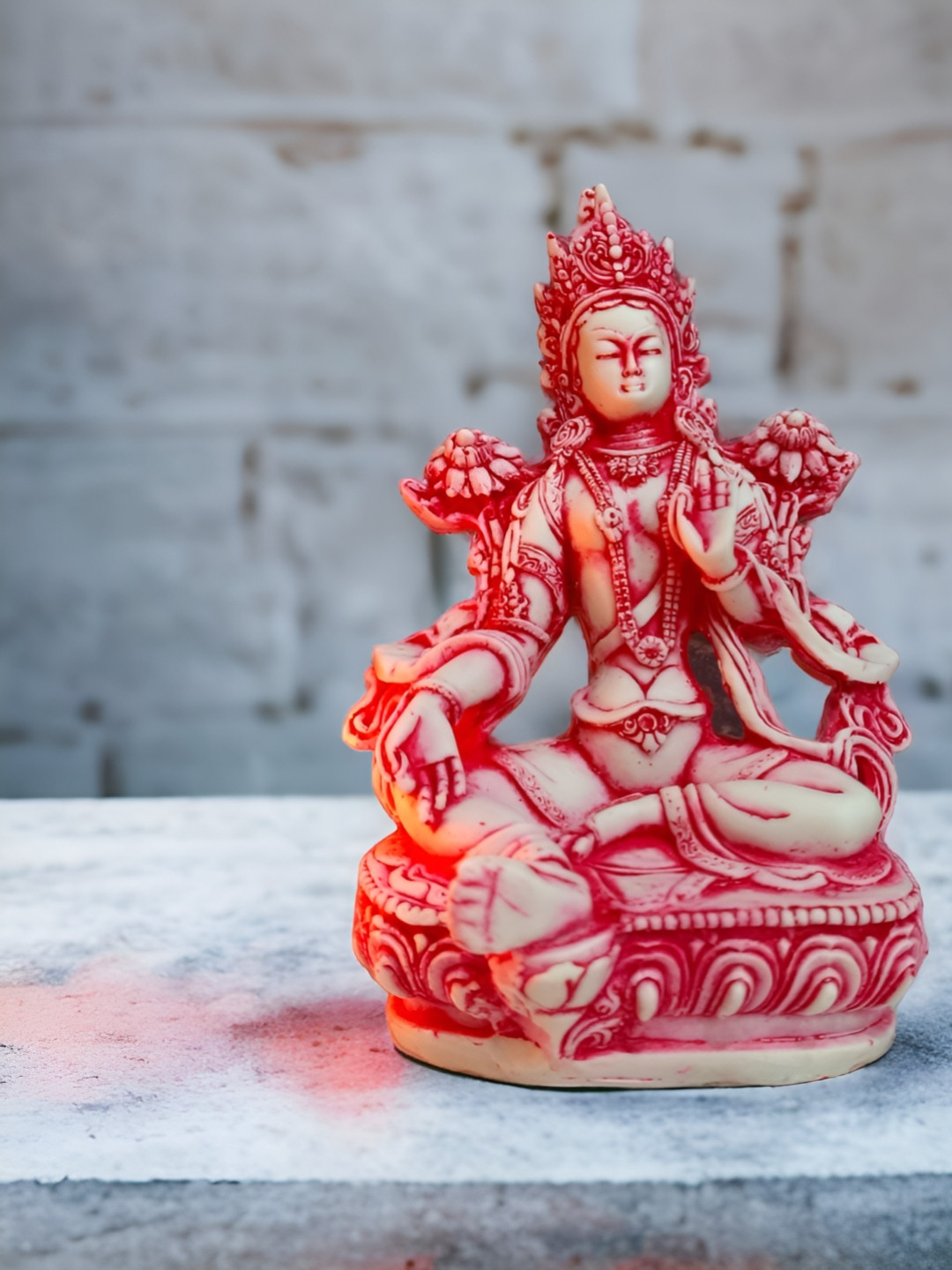 GLOBAL AROMA Tara Maa Pink Resin Matte Prayer Room Small Showpiece - 7.9 Inches