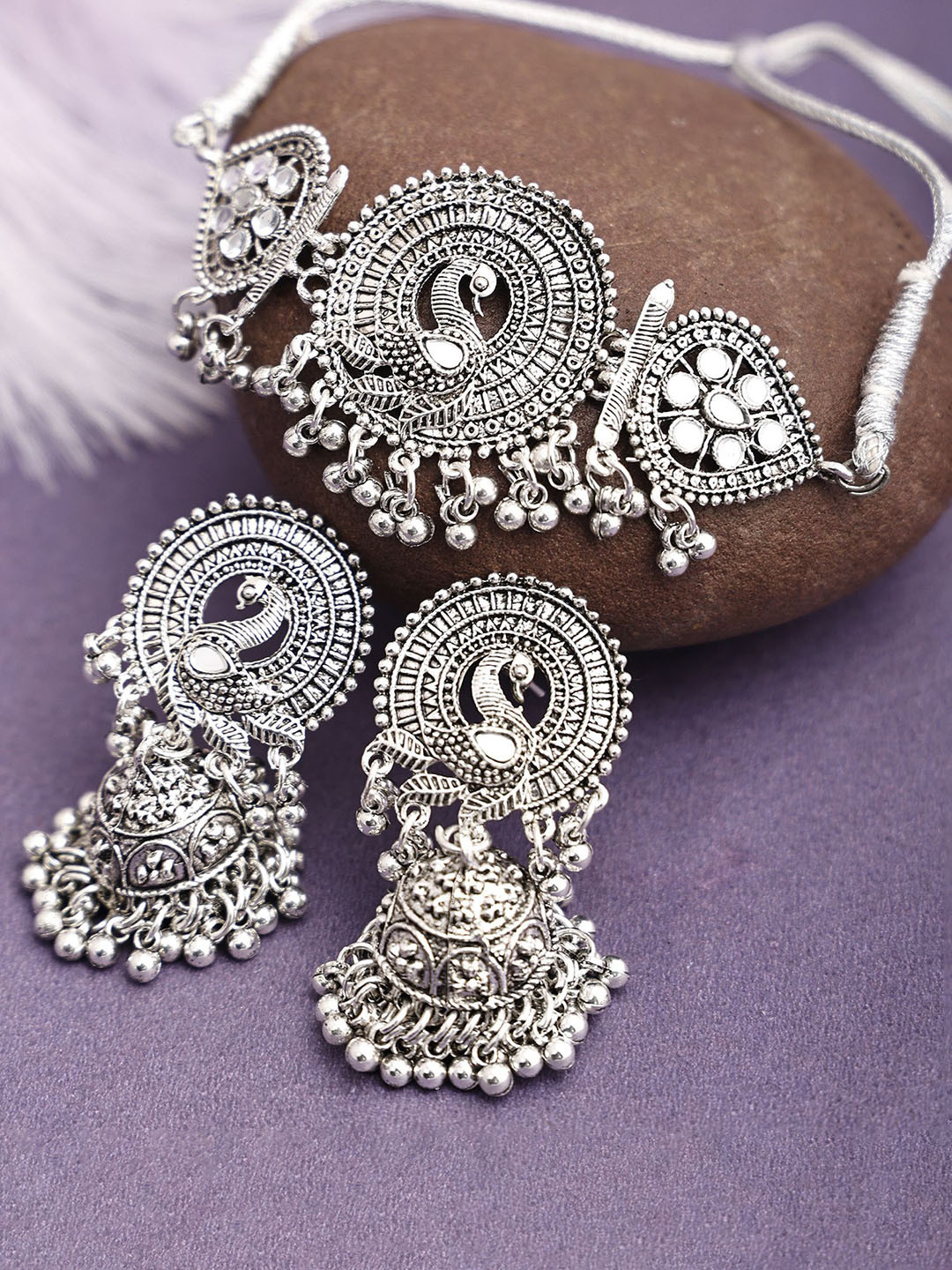 Sangria Stones-Studded Peacock Round Jewellery Set