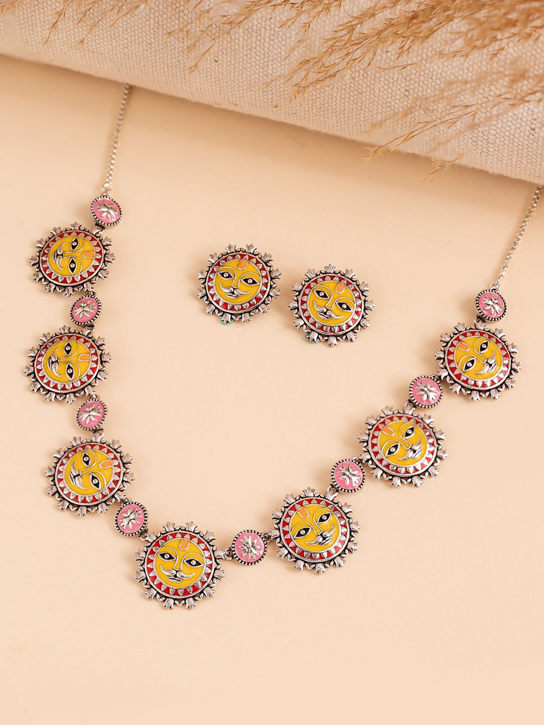 Madhubani Surya Sutra Oxidised Enamel Necklace Set