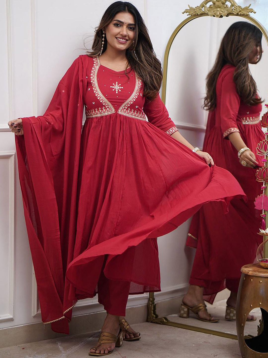 Ekta Textiles Yoke Design V-Neck Empire Chanderi Silk A-Line Kurta With Trousers & Dupatta