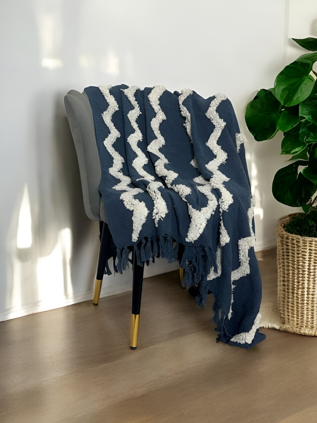 LUSHLYF Blue & White Denim Zigzag Tufted Sofa Throw