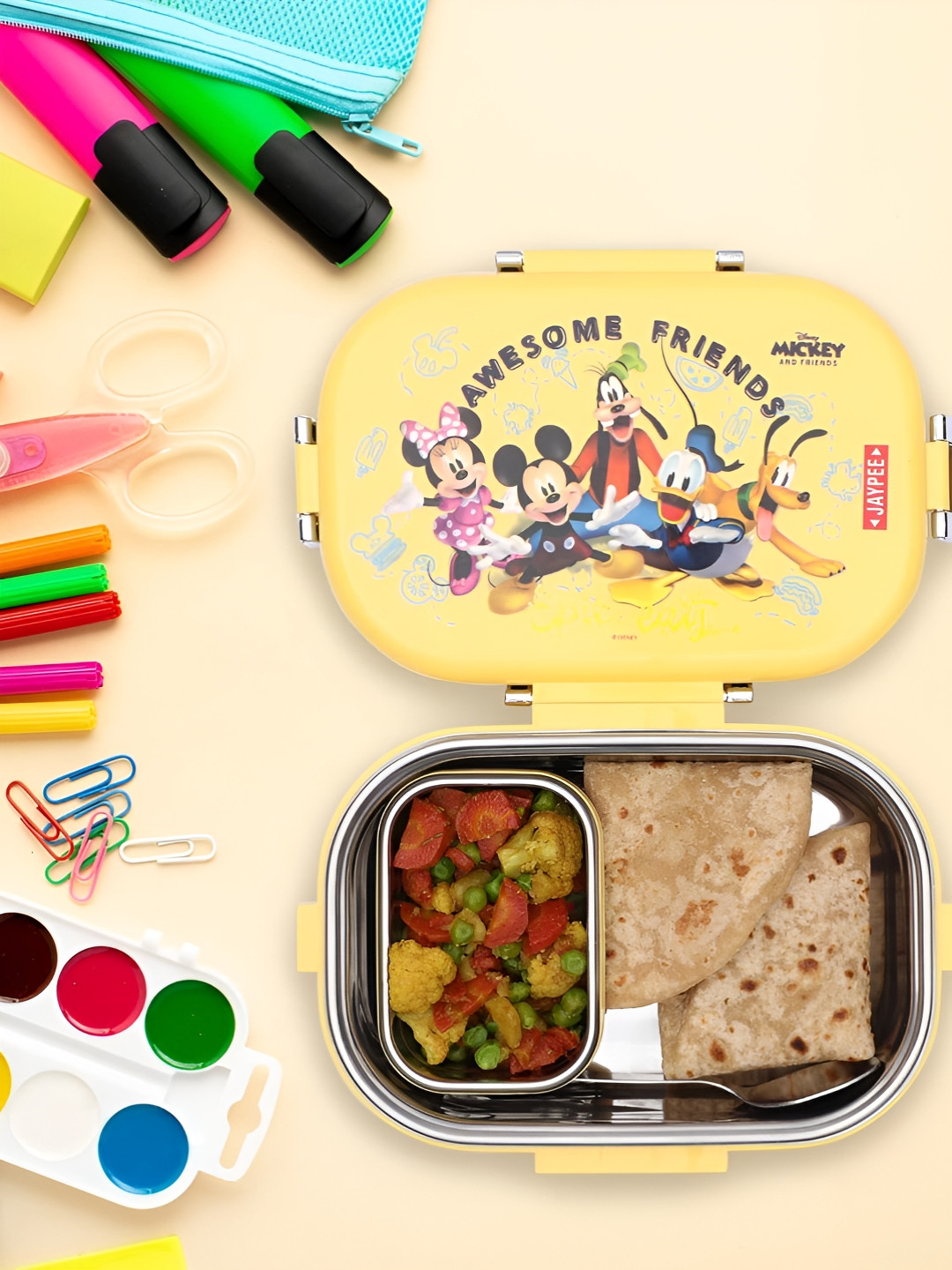 JAYPEE MISSTEEL MICKEY Plastic Easy to Clean 3PCs Lunch Box With Spoon and Fork