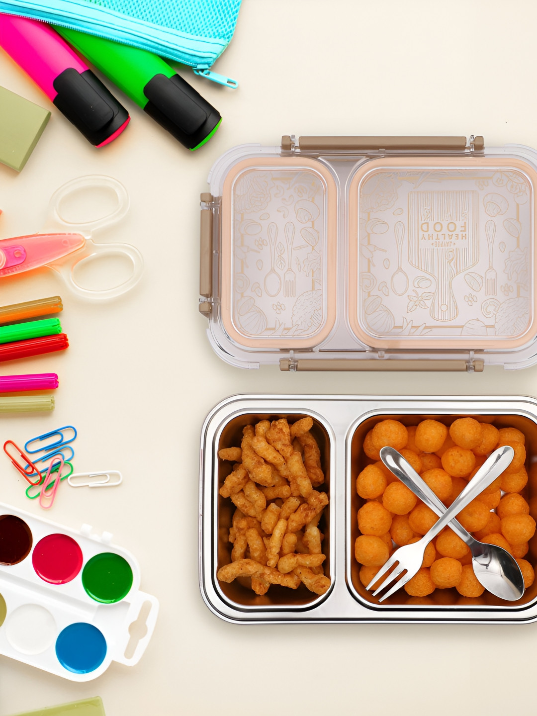 JAYPEE STEELOX SWISS Beige Solid Plastic Easy to Clean 3PCs Lunch Box With Spoon and Fork