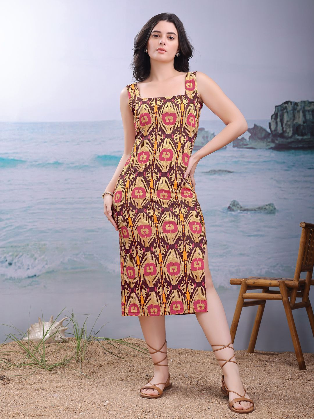 PURVAJA Women Brown Floral Printed Square Neck Slits Detail Bodycon Midi Dress