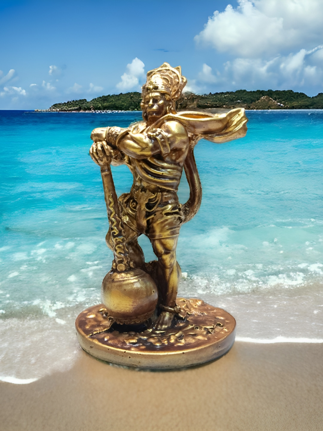 GLOBAL AROMA Bahubali Hanuman Gold Polyresin Matte Prayer Room Tiny Showpiece - 3.9 Inches