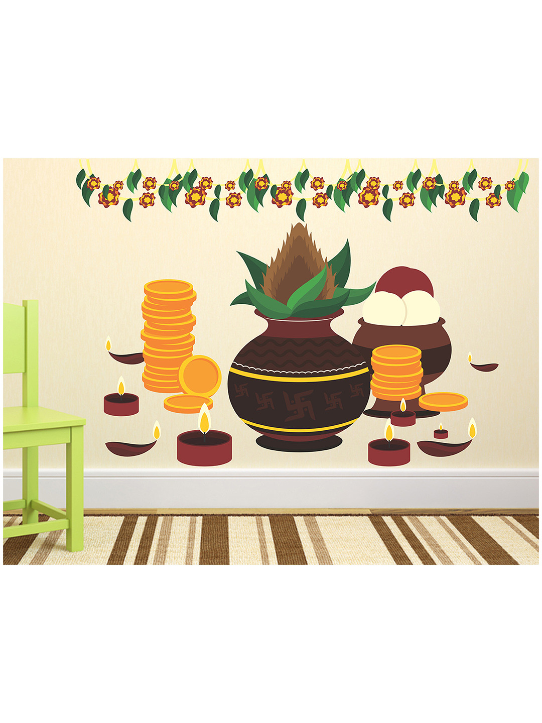LANSTICK Brown & Green Ponal Clebration Printed Self-Adhesive WallStickers