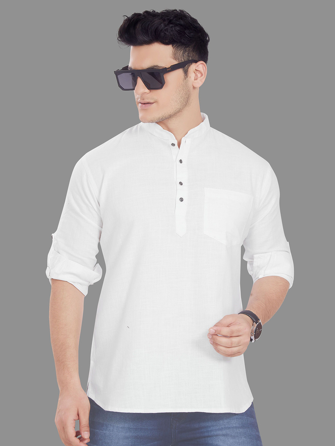 PulseIQ Mandarin Collar Roll-Up Sleeves Pure Cotton Straight Short Kurta