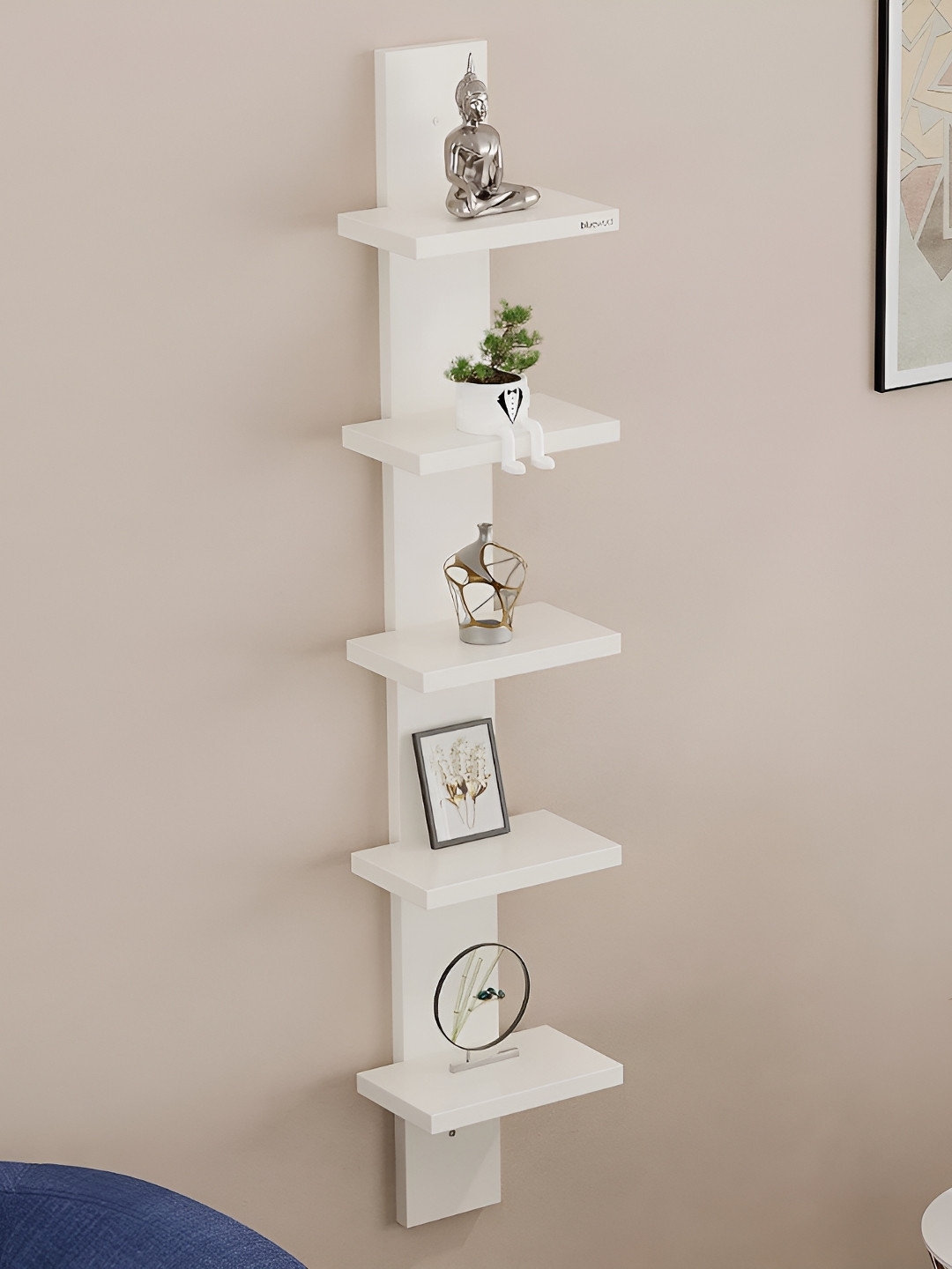bluewud Louis White 5 Shelves Wooden Wall Shelf