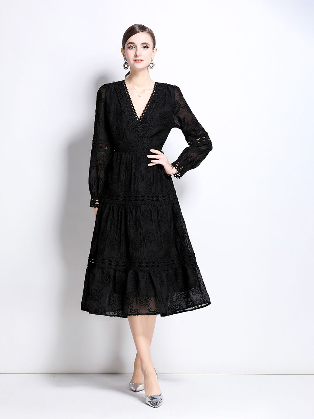 JC Collection Ethnic Motifs Embroidered Lace Inserts Cuffed Sleeves A-Line Midi Dress