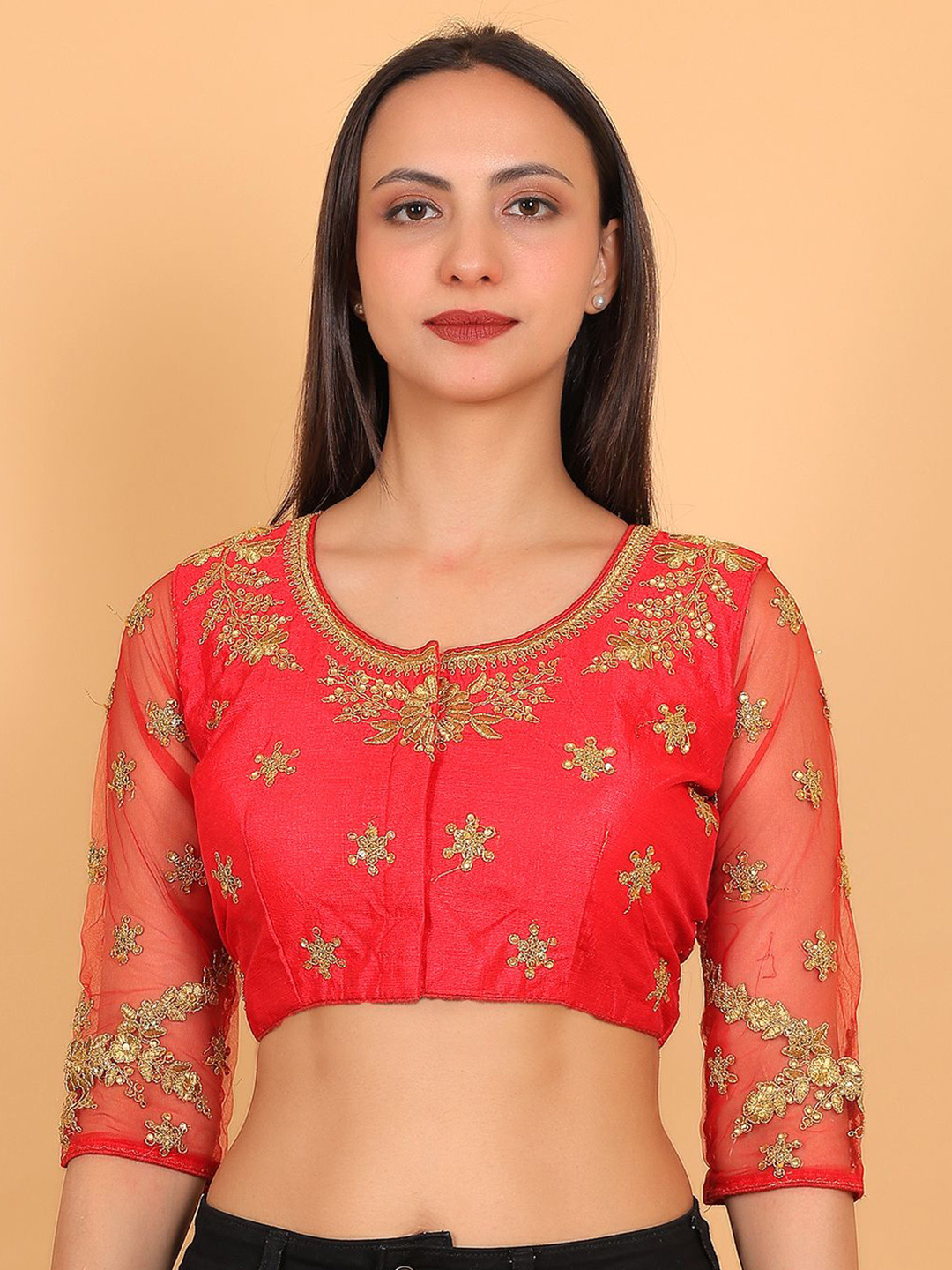 Trendzmy Embroidered Semi-Sheer Sleeves Saree Blouse