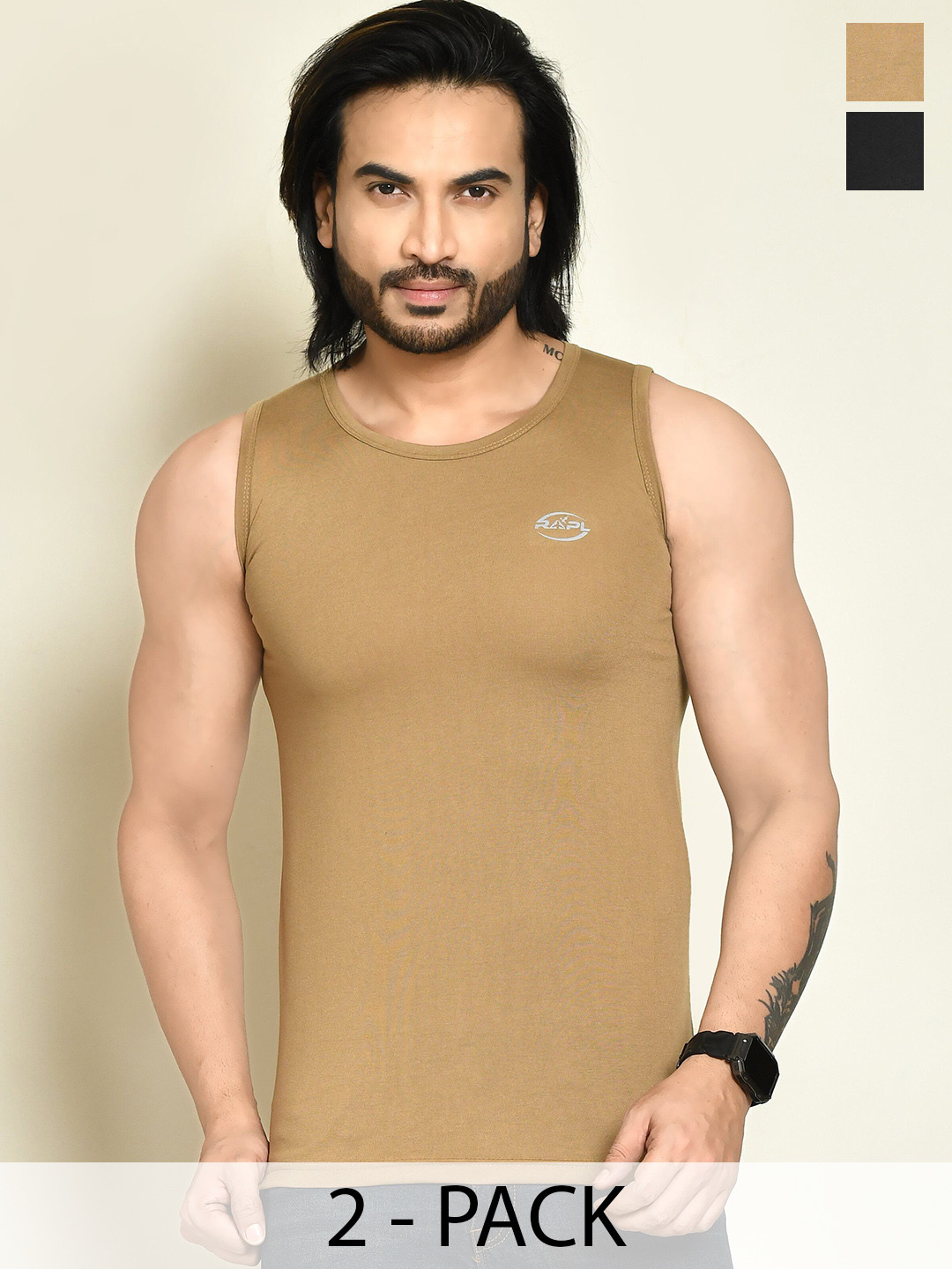 RAPL Pack Of 2 Round Neck Tank Vests M_SDP2_Kh-Blk_S