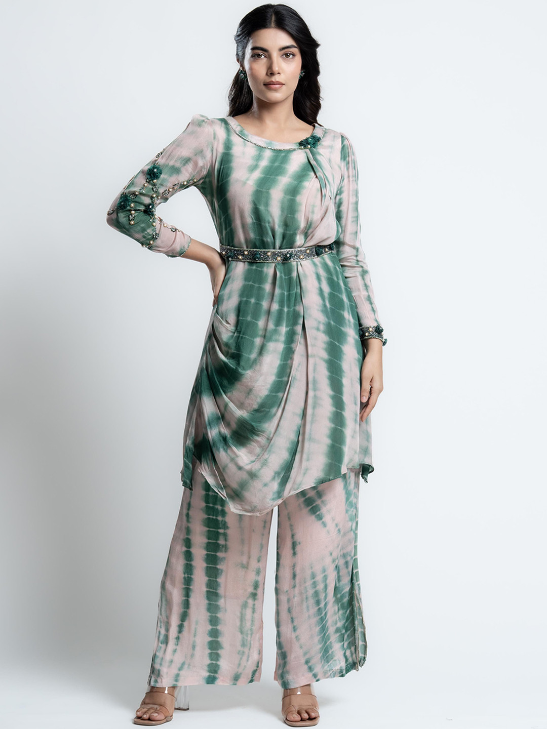 WEAVING CULT Women Printed Round Neck Casual Embellished Belt Tunic with Palazzos