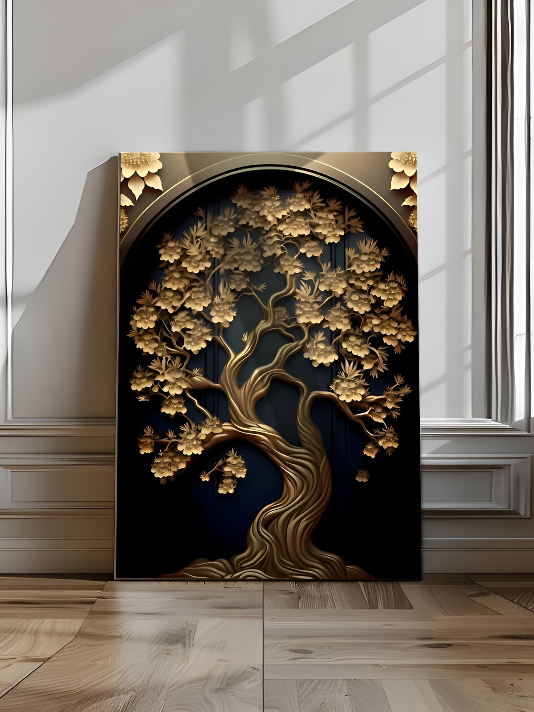 Eurotex Black & Gold-Toned 1 Piece Canvas Floral and Botanical Wall Paintings