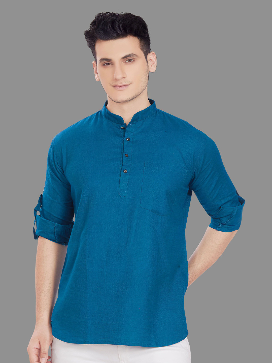 PulseIQ Band Collar Roll-Up Sleeves Pure Cotton Straight Kurta
