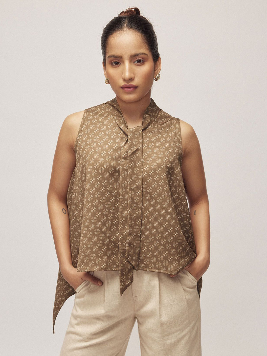 The Label Life Women Coffee Key Monogram Neck Tie Top