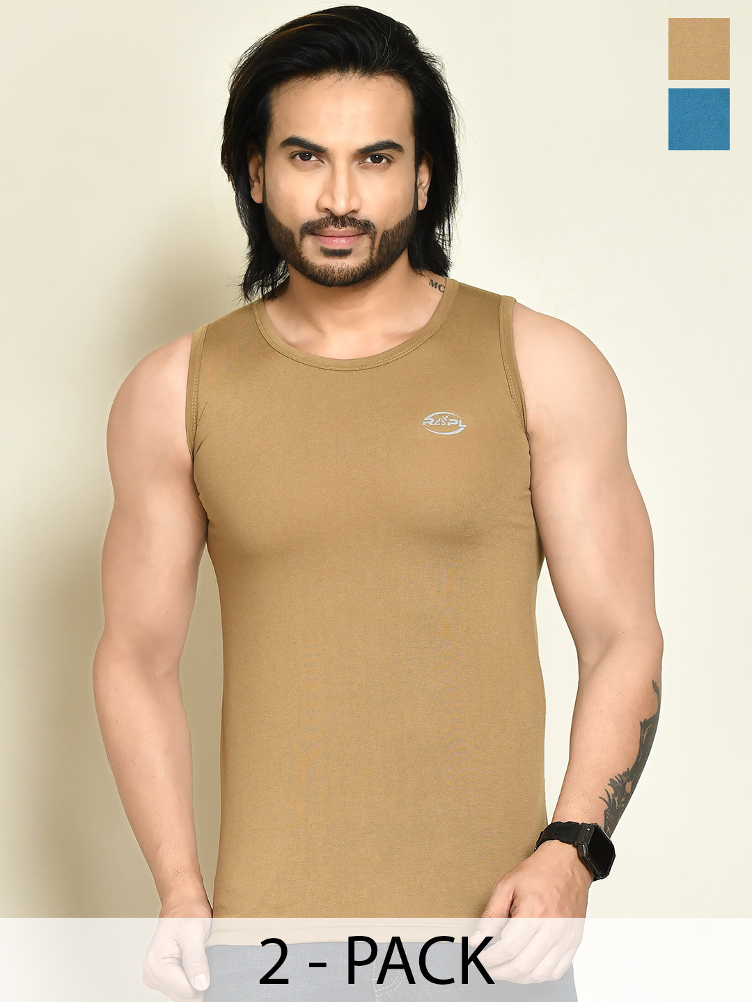 RAPL Pack Of 2 Round Neck Tank Vests M_SDP2_Kh-Trqs_S
