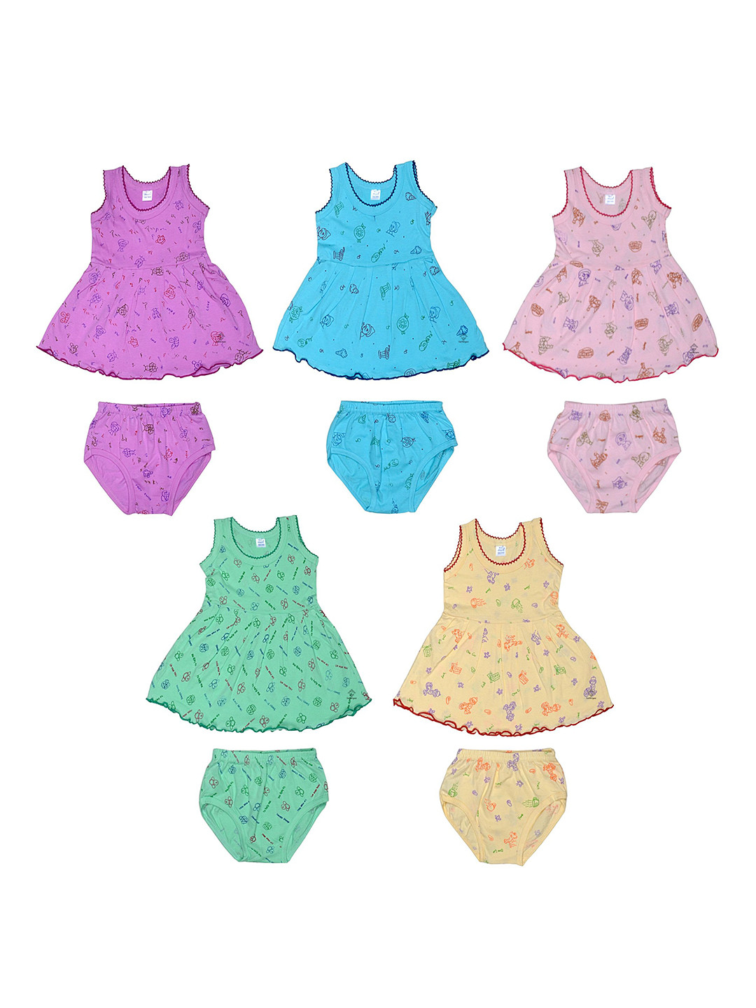 sathiyas Girls Pack of 5 Graphic Printed Shoulder Straps A-Line Cotton Dress