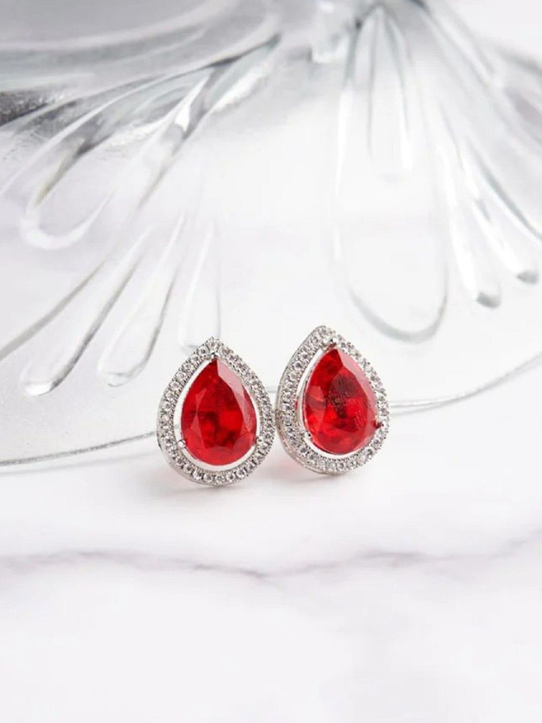 Anouk Silver Plated Red Ruby Stone Studded Teardrop Shaped Studs