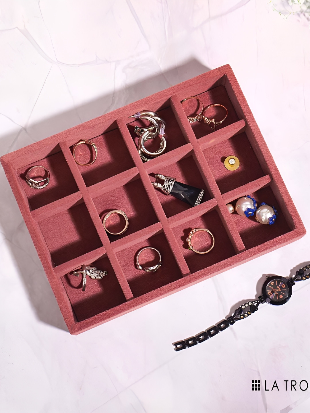 La Trove 12 Grid Darkpink Small Jewellery Velvet Organizer Tray